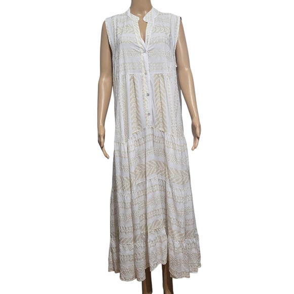 Made In Italy White Sleeveless Tiered Maxi Dress With Gold Embroidery Detail 12 - Picture 2 of 8